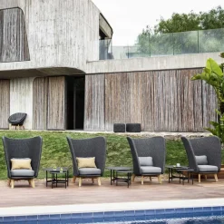 Butaca Lounge Peacock con respaldo alto, Natté dark grey, incl. cojines es, patas de teca*Cane-line Discount