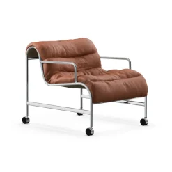 Butaca Sunny con reposabrazos, Piel color coñac con estructura cromada y ruedas*Lammhults Outlet
