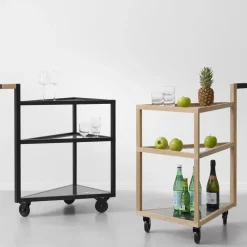 Carro con ruedas Move, Roble aceitado blanco, big, mármol marquina, vidrio*A2