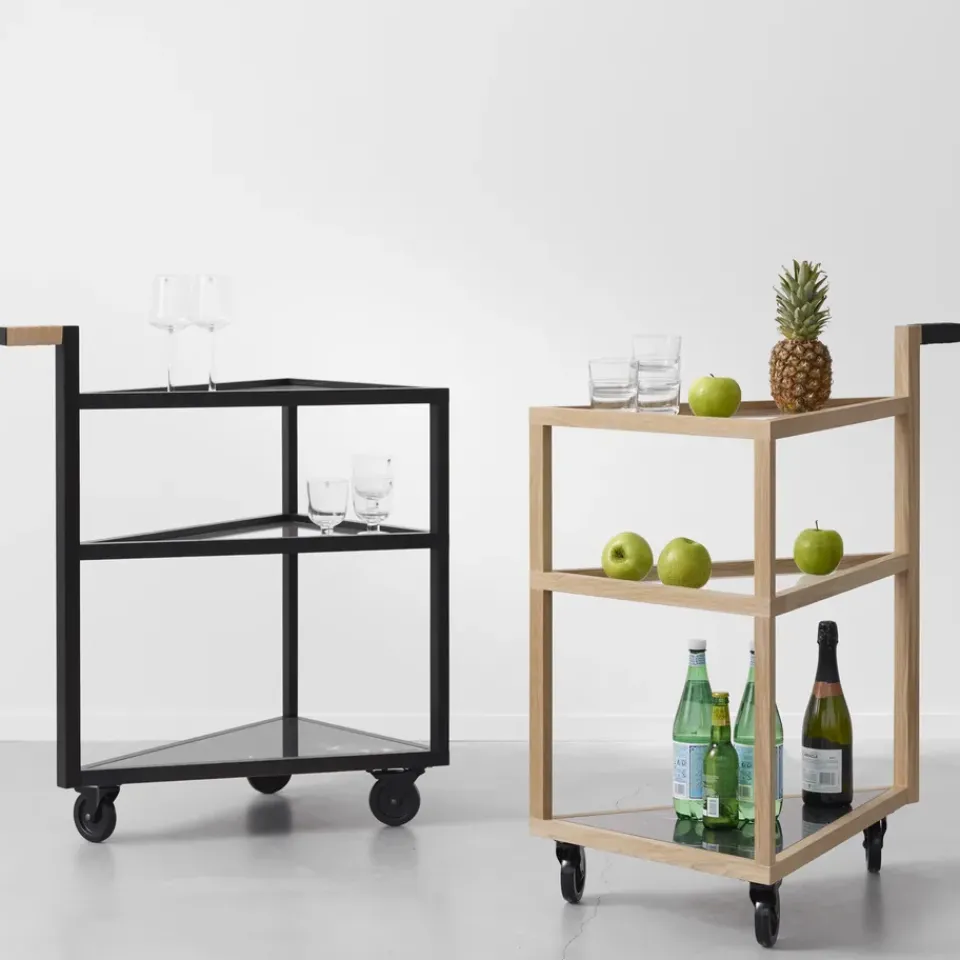 Carro con ruedas Move, Roble aceitado blanco, big, mármol marquina, vidrio*A2