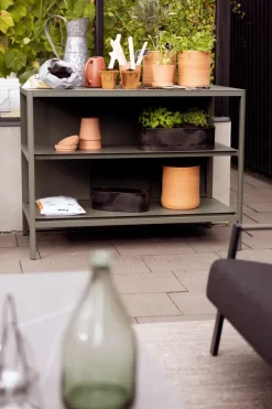 Kelia cocina de exterior con banco y estantes, Nordic green, 121x91x64 cm*Brafab Discount