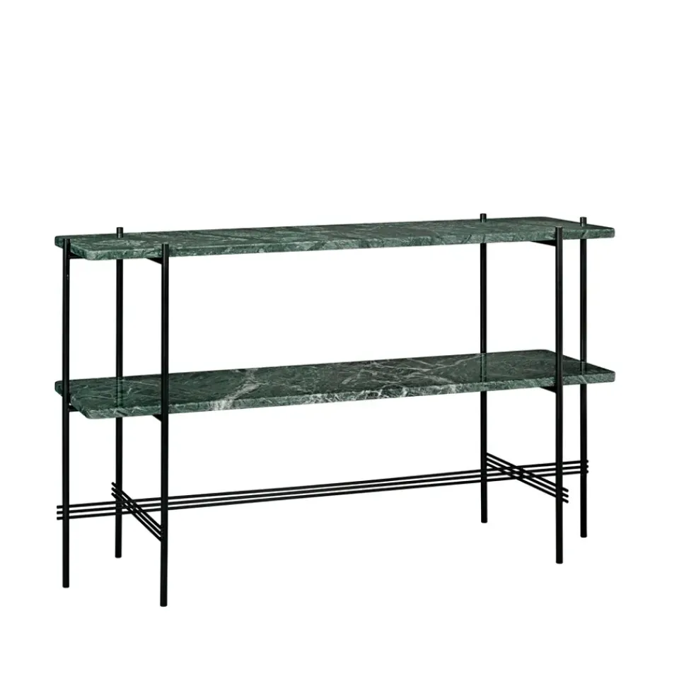 Mesa consola TS 120x30x72 cm, Green guatemala marble, base negra, 2 estantes de mármol*GUBI Discount