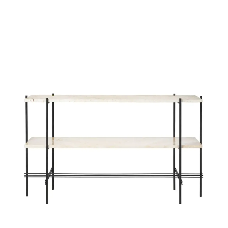 Mesa consola TS 120x30x72 cm, Natural white travertine, base negra, 2 estantes de mármol*GUBI Hot