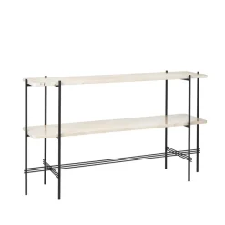 Mesa consola TS 120x30x72 cm, Natural white travertine, base negra, 2 estantes de mármol*GUBI Hot