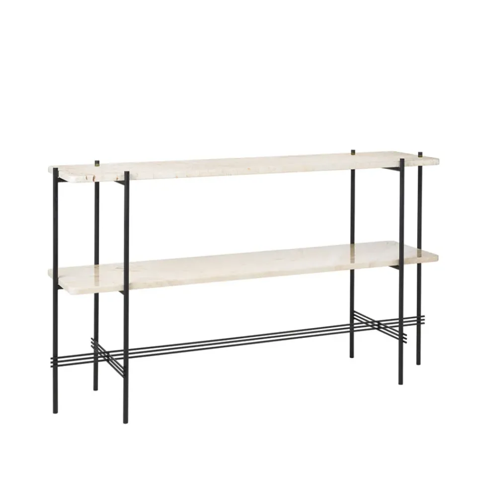 Mesa consola TS 120x30x72 cm, Natural white travertine, base negra, 2 estantes de mármol*GUBI Hot