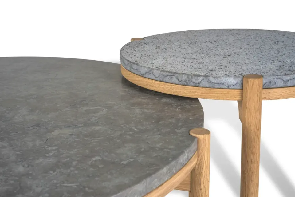 Mesa de centro Dondo roble blanqueado Ø80 cm, Piedra caliza pulida*Mavis Sale