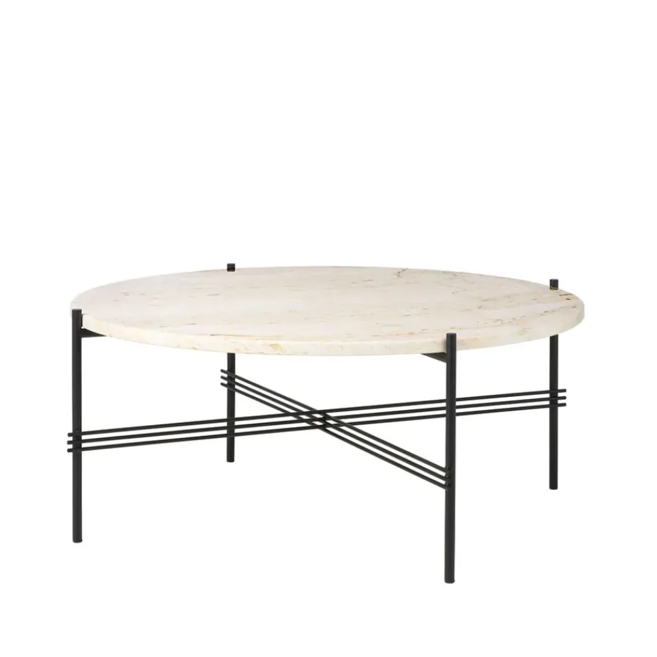 Mesa de centro TS Round, Natural white travertine, ø80, base negra*GUBI Clearance