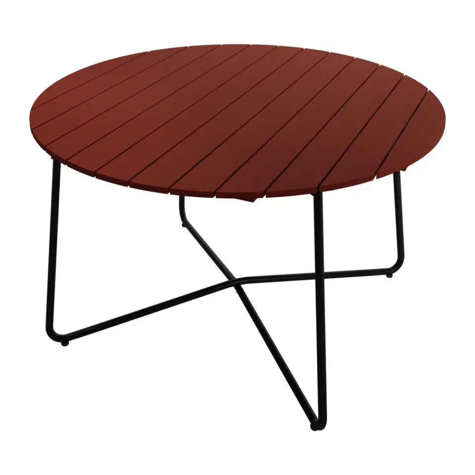 Mesa de comedor 9A, Roble teñido en Dark red-lacado, estructura de acero negro, Ø120 cm*Grythyttan Stålmöbler Clearance